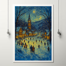 Winter Village Square with Ice-Skating Rink - Rustic Christmas Wall Art, Snowy Holiday Scene