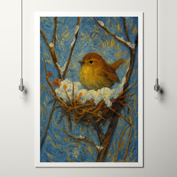 Winter Wren in Snow-Filled Nest - Rustic Wildlife Art, Cottagecore Winter Bird Print, Cozy Holiday Deco