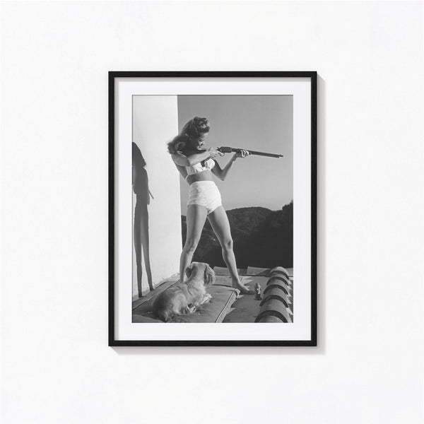 Woman with Dog Aims Rifle Print, Dona Drake Black and White Wall Art, Vintage Print, Photography Prints, Museum Quality Photo Art Print 1775295348