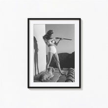 Woman with Dog Aims Rifle Print, Dona Drake Black and White Wall Art, Vintage Print, Photography Prints, Museum Quality Photo Art Print 1775295348