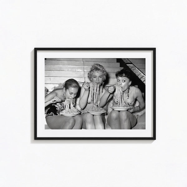 Women Eating Spaghetti Print, Women Eating Pasta Black and White Wall Art, Vintage Print, Photography Prints, Museum Quality Photo Art Print 1620779177