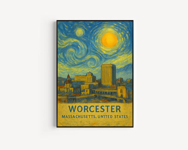 Worcester Poster Print, Worcester Travel Poster, Worcester Van Gogh Style Wall Art, Worcester, Massachusetts, United States