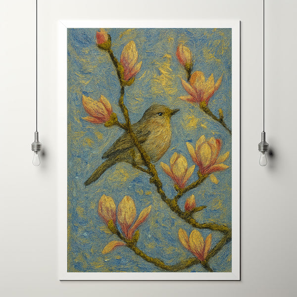 Wren Bird Art Print & Magnolia Branch Artwork - Vintage Nature Wall Art Decor, Spring, Easter